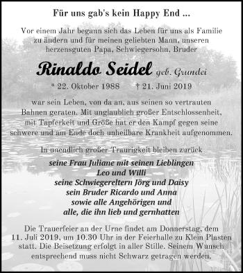 Traueranzeige von Rinaldo Seidel von Müritz-Zeitung