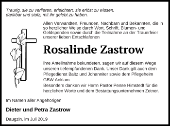 Traueranzeige von Rosalinde Zastrow von Neubrandenburger Zeitung