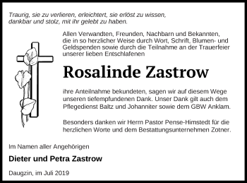 Traueranzeige von Rosalinde Zastrow von Vorpommern Kurier