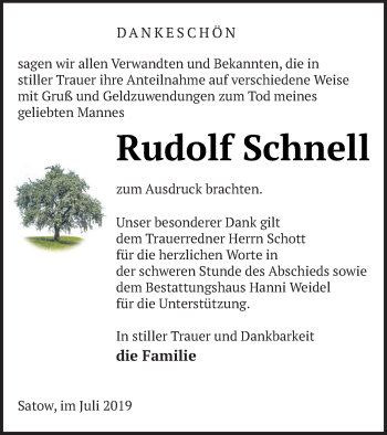 Traueranzeige von Rudolf Schnell von Müritz-Zeitung