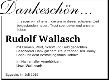 Traueranzeige von Rudolf Wallasch von Haff-Zeitung