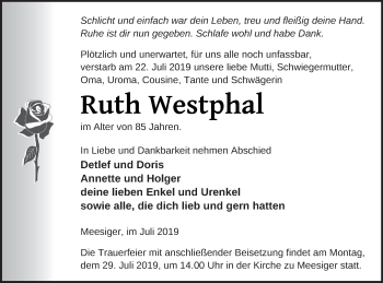 Traueranzeige von Ruth Westphal von Demminer Zeitung