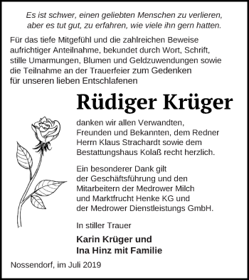 Traueranzeige von Rüdiger Krüger von Demminer Zeitung