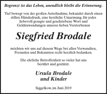 Traueranzeige von Siegfried Brodale von Parchimer Zeitung