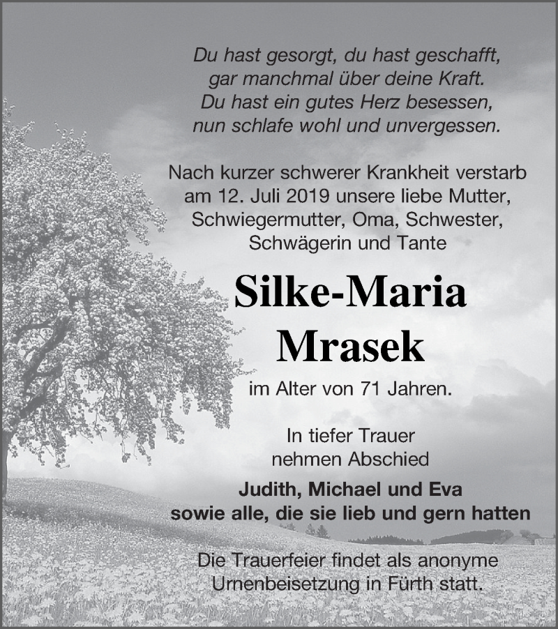  Traueranzeige für Silke-Maria Mrasek vom 19.07.2019 aus Mecklenburger Schweiz