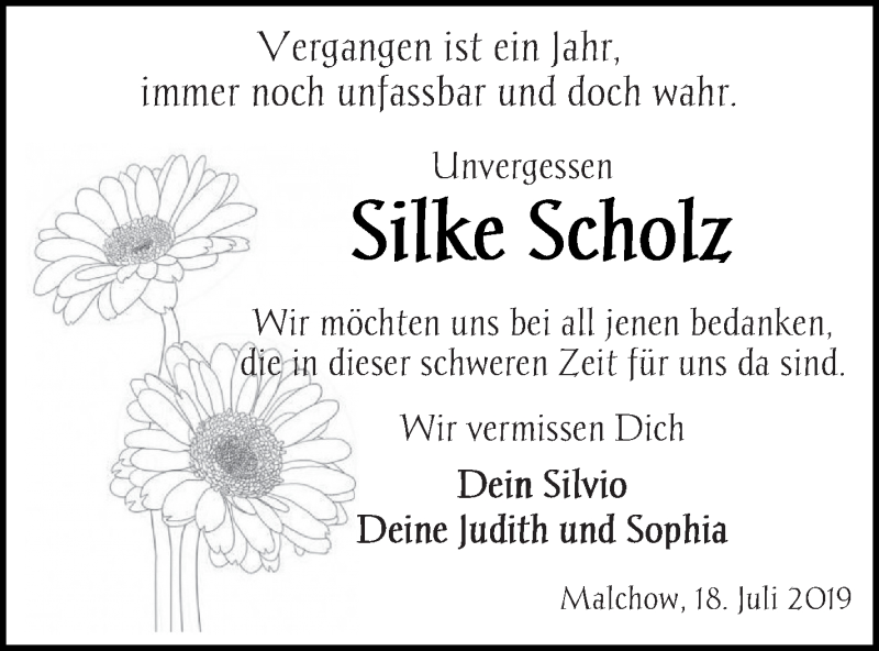  Traueranzeige für Silke Scholz vom 18.07.2019 aus Prenzlauer Zeitung