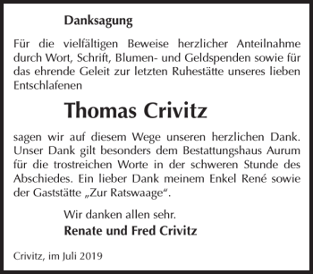 Traueranzeige von Thomas Crivitz von Zeitung für die Landeshauptstadt