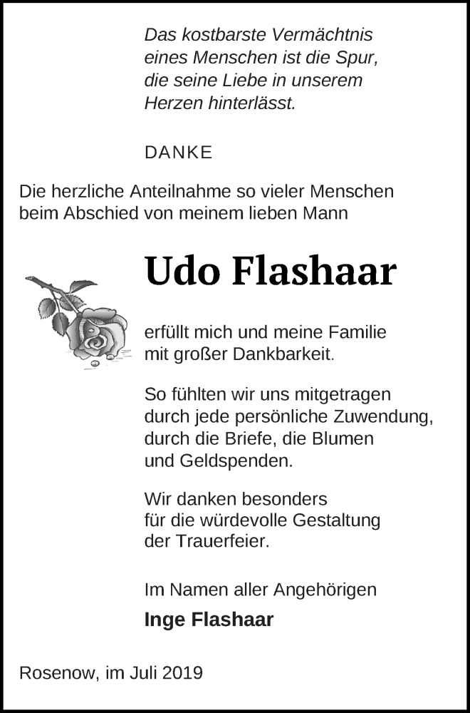  Traueranzeige für Udo Flashaar vom 11.07.2019 aus Neubrandenburger Zeitung