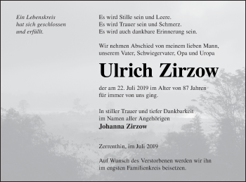 Traueranzeige von Ulrich Zirzow von Pasewalker Zeitung