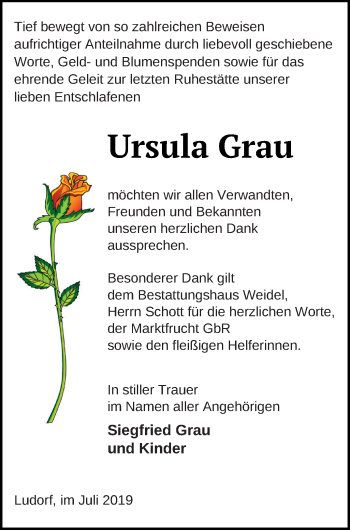 Traueranzeige von Ursula Grau von Müritz-Zeitung