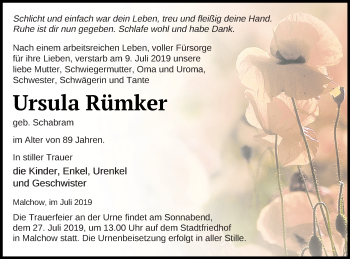 Traueranzeige von Ursula Rümker von Müritz-Zeitung