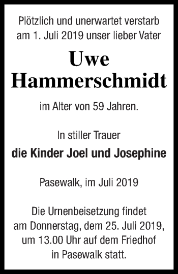 Traueranzeige von Uwe Hammerschmidt von Pasewalker Zeitung