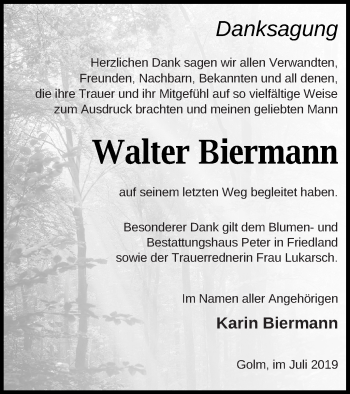 Traueranzeige von Walter Biermann von Strelitzer Zeitung