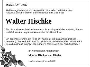 Traueranzeige von Walter Hischke von Haff-Zeitung
