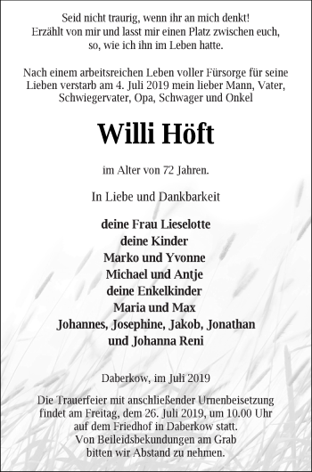 Traueranzeige von Willi Höft von Vorpommern Kurier