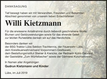 Traueranzeige von Willi Kietzmann von Haff-Zeitung