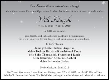 Traueranzeige von Willi Klingohr von Müritz-Zeitung