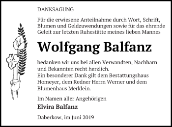 Traueranzeige von Wolfgang Balfanz von Vorpommern Kurier