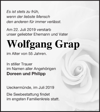 Traueranzeige von Wolfgang Grap von Haff-Zeitung