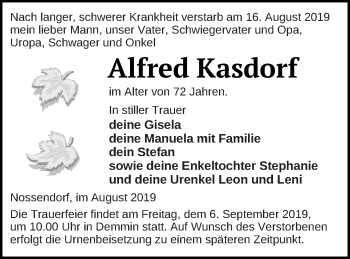 Traueranzeige von Alfred Kasdorf von Demminer Zeitung