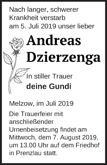 Traueranzeige von Andreas Dzierzenga von Prenzlauer Zeitung