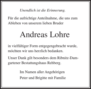 Traueranzeige von Andreas Lohre von Norddeutsche Neueste Nachrichten