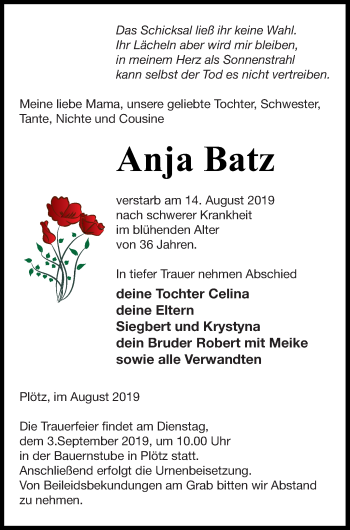 Traueranzeige von Anja Batz von Vorpommern Kurier