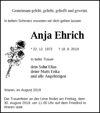 Traueranzeige von Anja Ehrich von Müritz-Zeitung