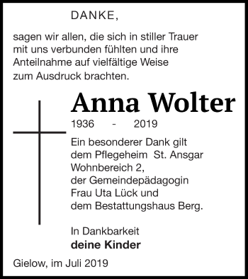 Traueranzeige von Anna Wolter von Mecklenburger Schweiz