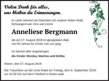Traueranzeige von Anneliese Bergmann von Müritz-Zeitung