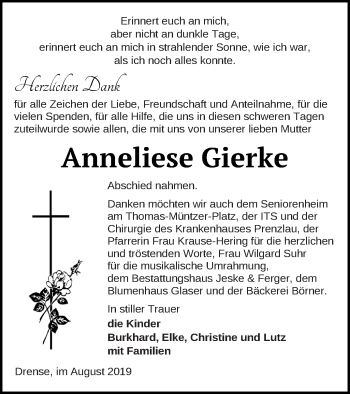 Traueranzeige von Anneliese Gierke von Prenzlauer Zeitung