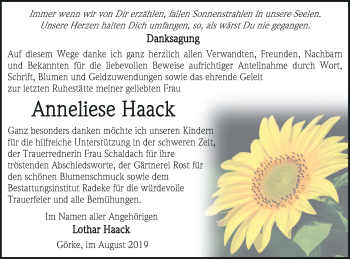 Traueranzeige von Anneliese Haack von Vorpommern Kurier