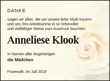 Traueranzeige von Anneliese Klook von Pasewalker Zeitung