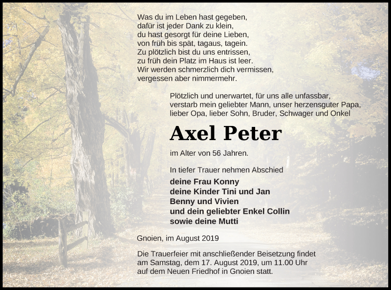  Traueranzeige für Axel Peter vom 13.08.2019 aus Mecklenburger Schweiz