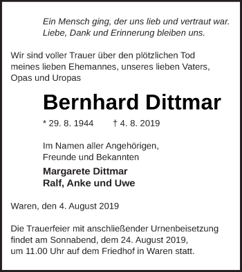 Traueranzeige von Bernhard Dittmar von Müritz-Zeitung