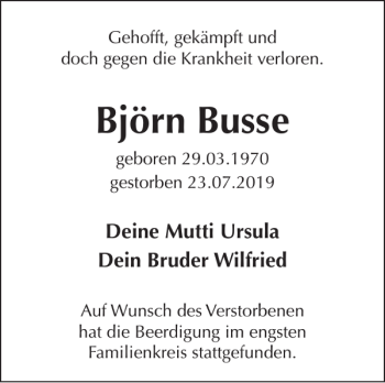 Traueranzeige von Björn Busse von Zeitung für die Landeshauptstadt