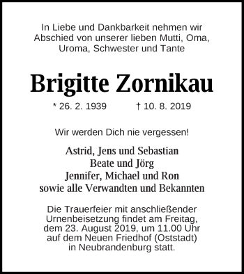 Traueranzeige von Brigitte Zornikau von Neubrandenburger Zeitung