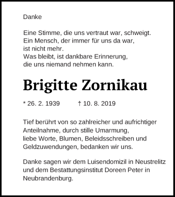 Traueranzeige von Brigitte Zornikau von Neubrandenburger Zeitung