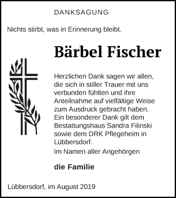 Traueranzeige von Bärbel Fischer von Neubrandenburger Zeitung