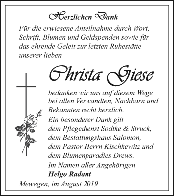 Traueranzeige von Christa Giese von Pasewalker Zeitung