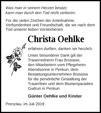 Traueranzeige von Christa Oehlke von Prenzlauer Zeitung