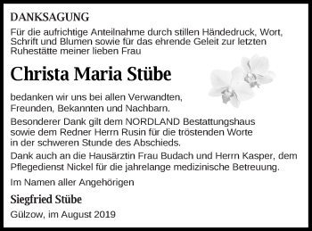 Traueranzeige von Christa Maria Stübe von Mecklenburger Schweiz