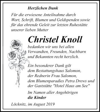 Traueranzeige von Christel Knoll von Pasewalker Zeitung