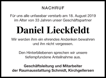 Traueranzeige von Daniel Lieckfeldt von Pasewalker Zeitung