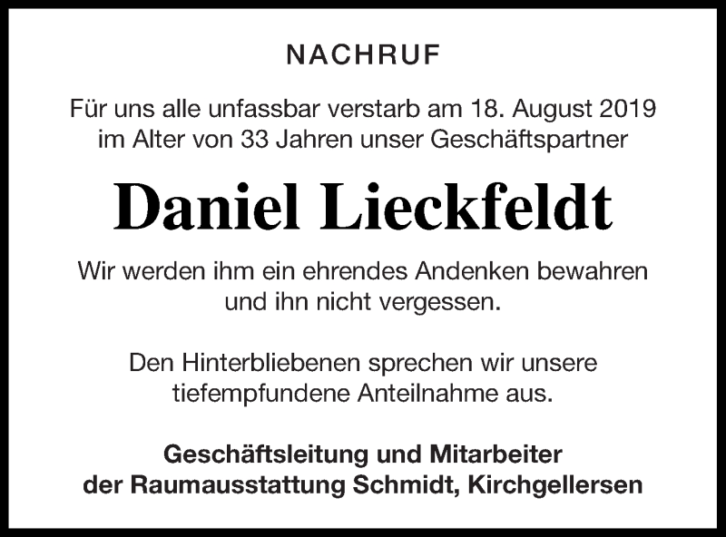  Traueranzeige für Daniel Lieckfeldt vom 31.08.2019 aus Pasewalker Zeitung