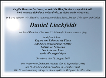 Traueranzeige von Daniel Lieckfeldt von Pasewalker Zeitung