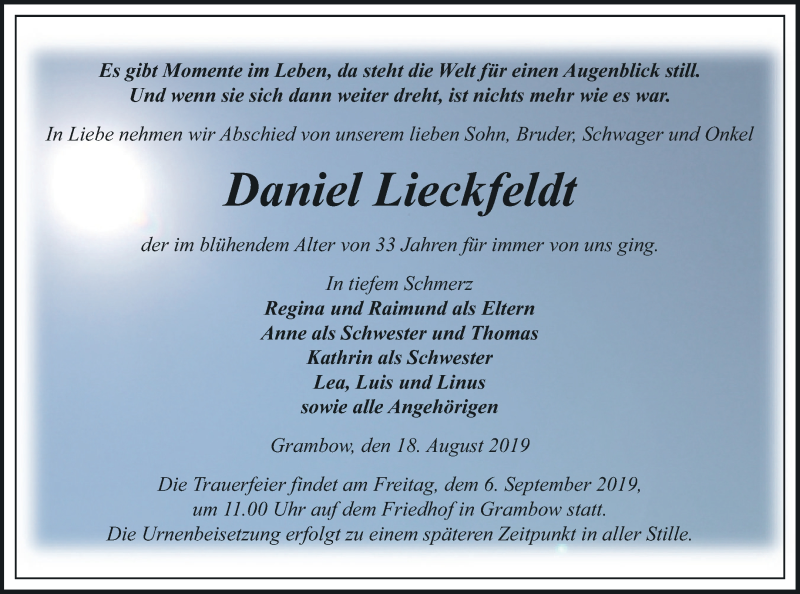  Traueranzeige für Daniel Lieckfeldt vom 24.08.2019 aus Pasewalker Zeitung