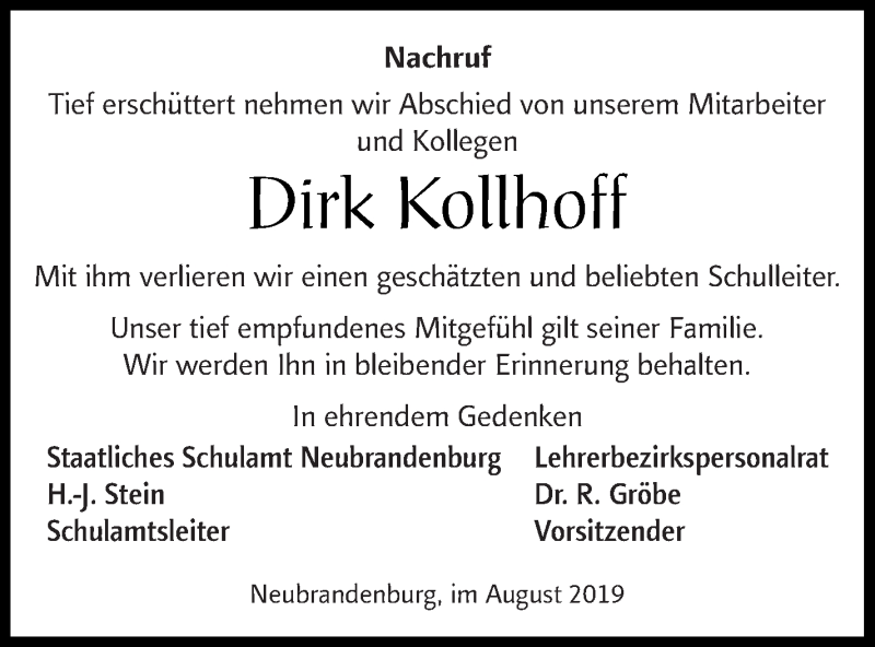  Traueranzeige für Dirk Kollhoff vom 10.08.2019 aus Demminer Zeitung