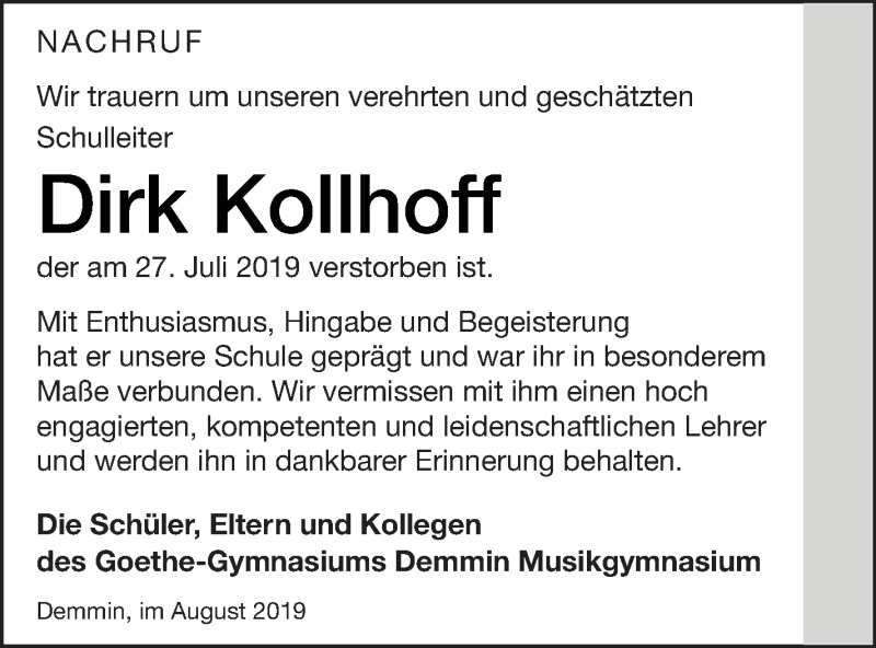  Traueranzeige für Dirk Kollhoff vom 13.08.2019 aus Demminer Zeitung