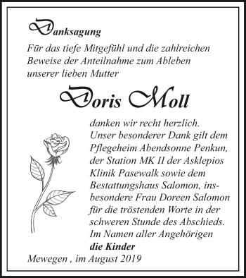 Traueranzeige von Doris Moll von Pasewalker Zeitung